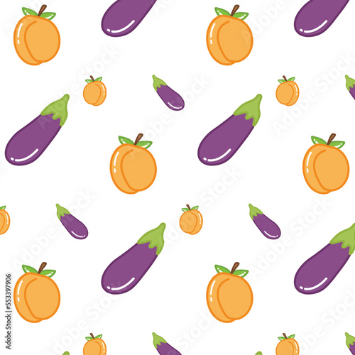 Seamless pattern of cute shiny apricots, eggplants. Hand drawn flat vector illustration isolated on white background. For textile print, wallpaper, wrapping paper, greeting card, gift 