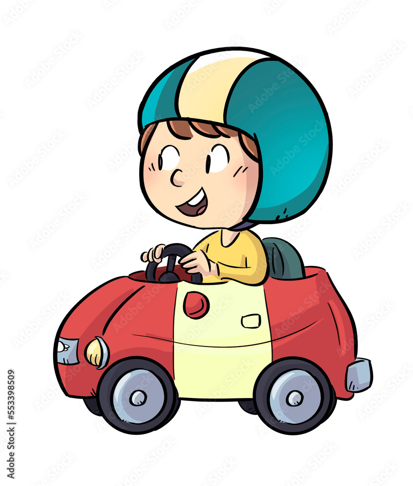 illustration of boy with helmet driving a car illustration of boy with helmet driving a car