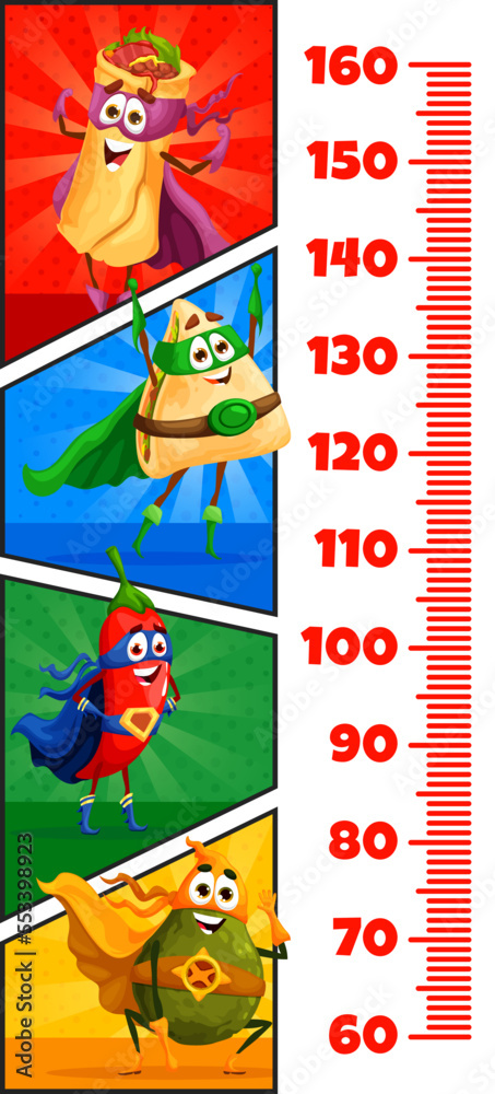 Fototapeta premium Kids height chart ruler with retro comics of mexican food superhero characters. Vector growth meter with funny tex mex super hero burrito, tacos, red chili pepper and avocado personages and scale