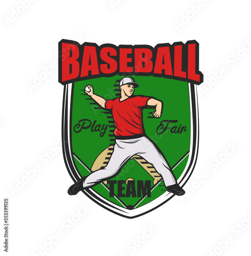 Baseball sport team icon with pitcher and ball, softball club badge, vector. Baseball varsity team tournament or championship game emblem with player pitching ball on diamond field