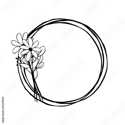 Black line Little Bouquet on triple circle frame. Vector illustration for decorate logo, greeting cards and any design.