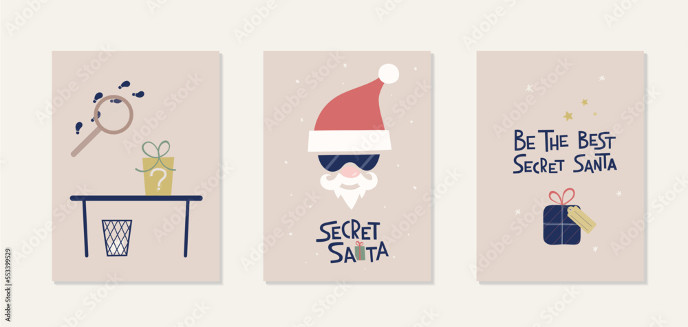 Set of vector cards Secret Santa. Templates for invite to christmas event, corporate, party, gift tag, message