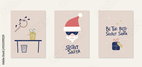 Set of vector cards Secret Santa. Templates for invite to christmas event, corporate, party, gift tag, message