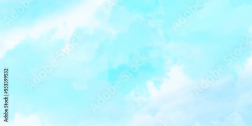 Abstract watercolor background . Grunge wallpaper of blue sky with white clouds . Summer heaven bright cloudscape .