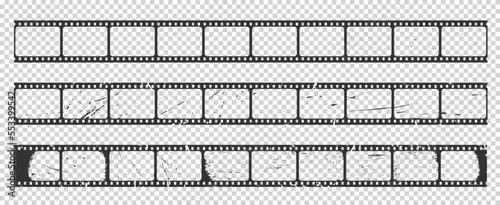 Old grunge movie film long strip or vintage filmstrip, vector video reel frames. Retro cinema video or photo tape with scratched grunge frames and transparent background, motion picture film strip
