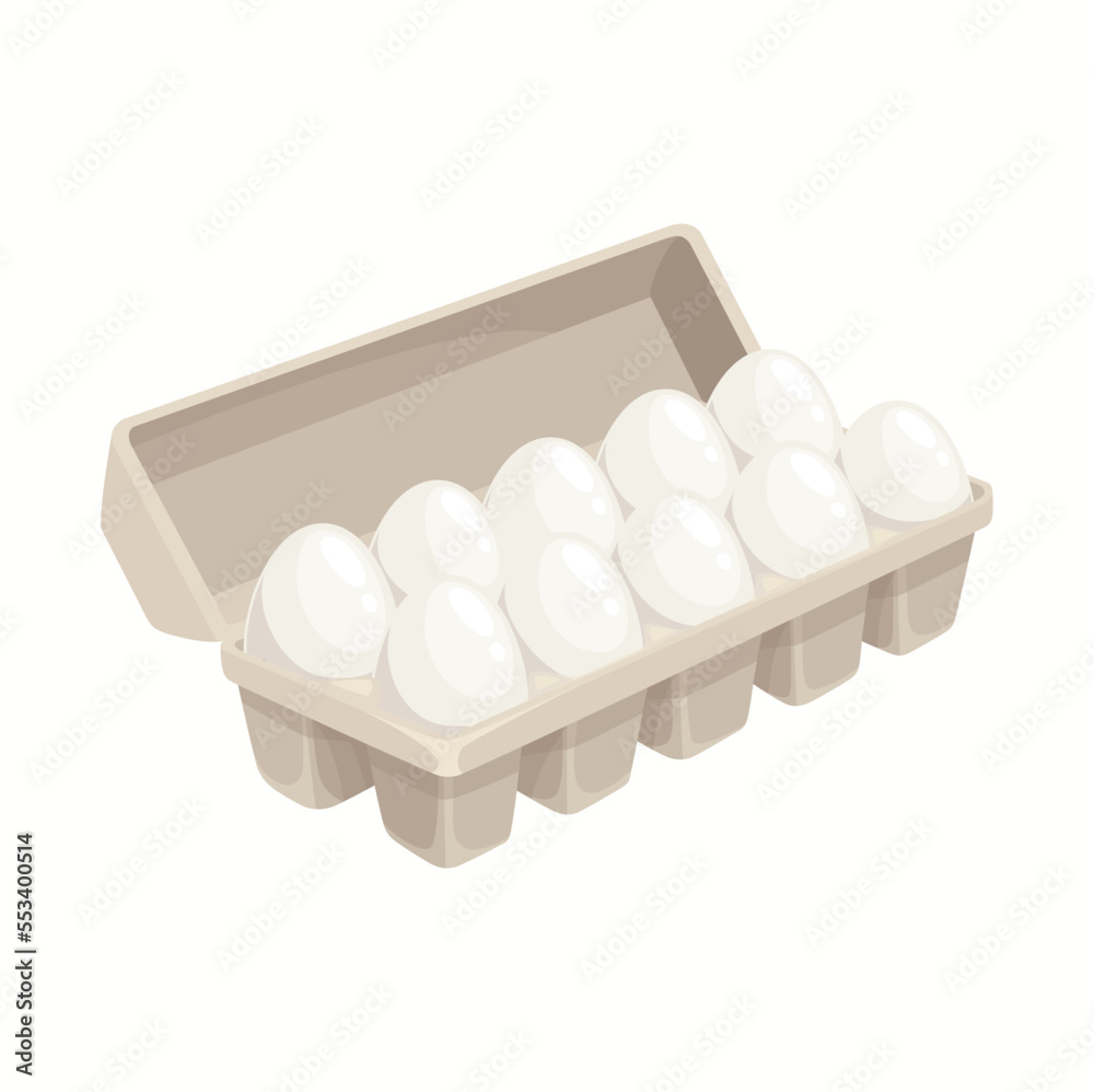 Cartoon eggs in tray isolated vector chicken eggs in carton box on white background. Cardboard package with fresh eggs, angle view, farm production retail in store Cartoon eggs in tray isolated vector chicken eggs in carton box on white background. Cardboard package with fresh eggs, angle view, farm production retail in store