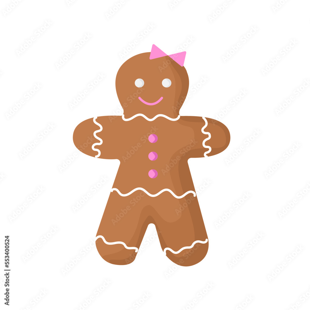 Fototapeta premium Christmas cookies smiling gingerbread woman. Christmas bakery, Gingerbread woman decorated colored icing.Vector illustration