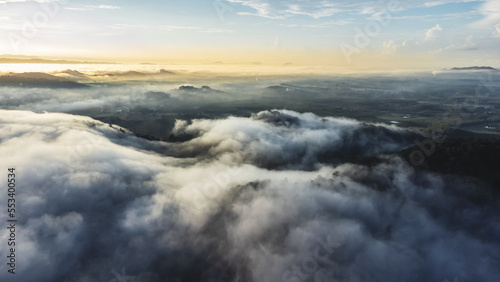 Aerial view of landscape Sunrise above clouds dramatic light