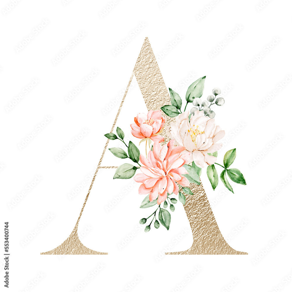 Floral alphabet, gold letter A with watercolor flowers and leaf ...