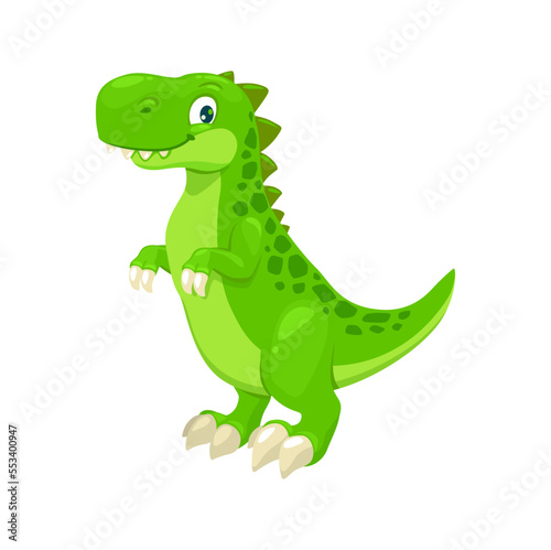 Cartoon tyrannosaur dinosaur character  cute t-rex dino. Funny smiling personage of jurassic era with green skin and long talons. Standing friendly reptile creature  paleontology dinosaur mascot