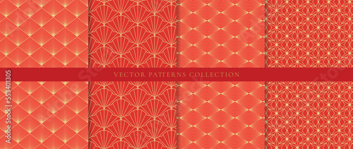 Set of Chinese patterns background vector. Abstract geometric shape, grid vector patterns and swatches. Luxury oriental wallpaper design for fabric, wallpaper, banners, prints and wall arts.