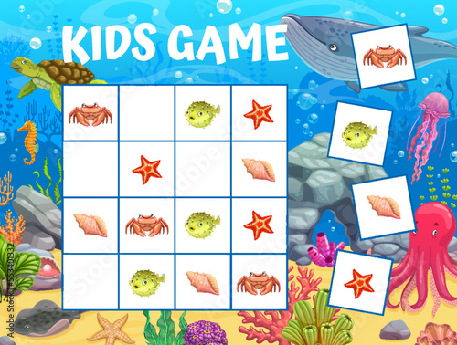 Sudoku kids game cartoon underwater landscape and animals. Kids vector riddle with crab, starfish, puffer fish and shell on chequered board. Educational task, children crossword teaser, boardgame