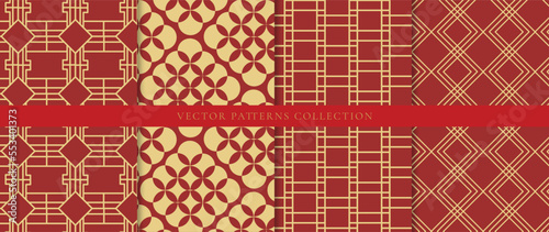 Set of Chinese patterns background vector. Abstract geometric shape, grid vector patterns and swatches. Luxury oriental wallpaper design for fabric, wallpaper, banners, prints and wall arts.