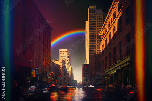 Generated image of city with rainbow