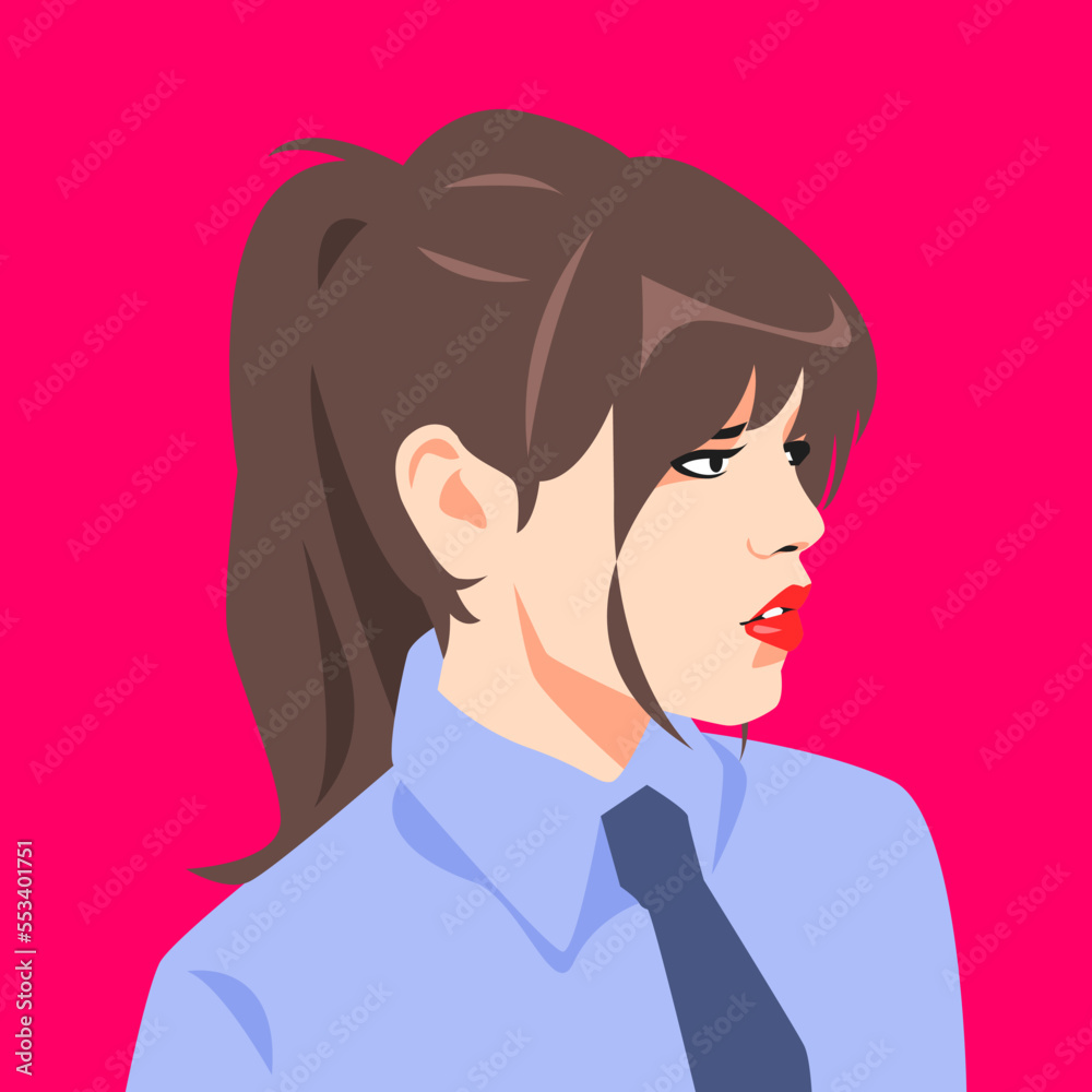 portrait of a beautiful young girl face side view. ponytail hairstyle. avatar for social media. colored. for profile, template, print, sticker, poster, etc. flat vector illustration