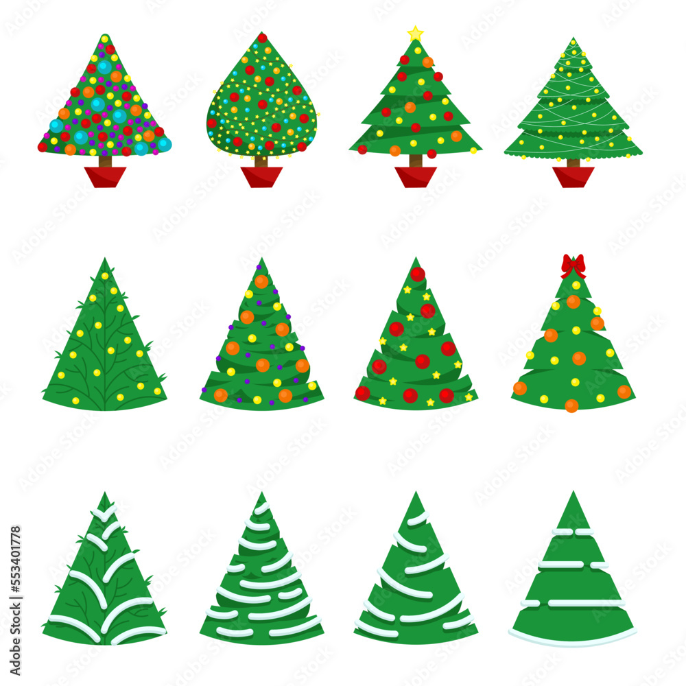 Christmas trees. Can be used for printed materials - leaflets, posters, business cards or for web. Colorful winter trees collection for holiday xmas and new year. Vector illustration. Christmas trees. Can be used for printed materials - leaflets, posters, business cards or for web. Colorful winter trees collection for holiday xmas and new year. Vector illustration.