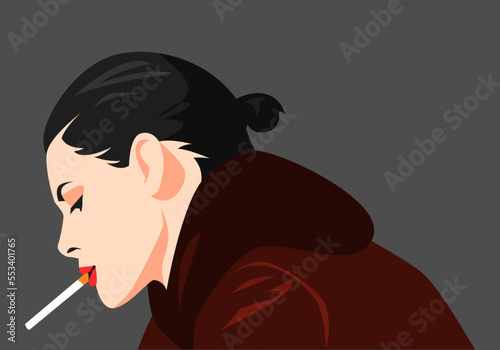 portrait of a beautiful girl face side view. smoking cigarettes. short ponytail hairstyle. avatar for social media. for profile  template  print  sticker  poster  etc. flat vector illustration.