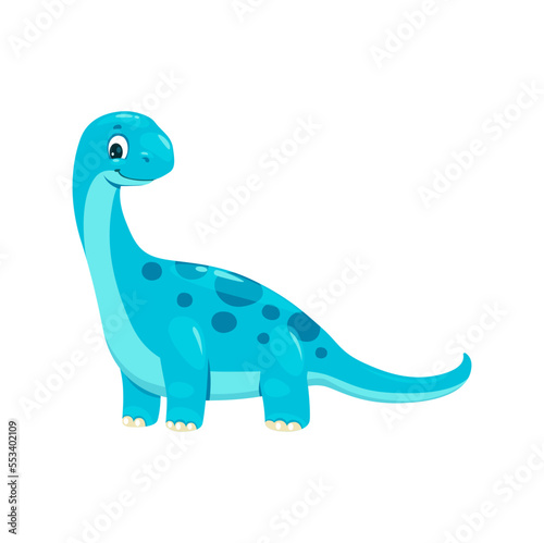 Cartoon brontosaurus dinosaur character, cute dino prehistoric animal. Isolated vector kawaii jurassic era herbivore creature with long neck, tail and blue skin. Baby sauropod lizard, friendly reptile
