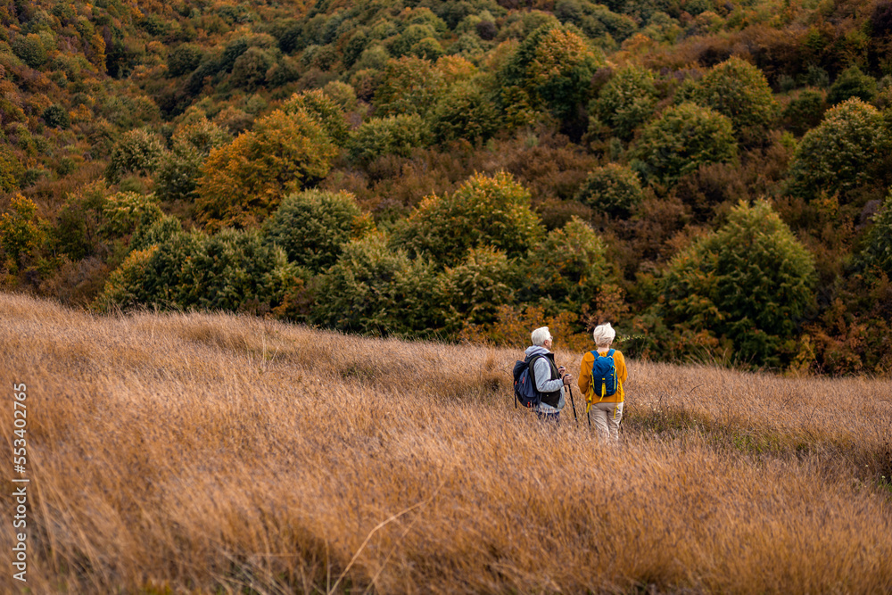 Active senior couple with backpacks hiking together in nature on autumn day. Active senior couple with backpacks hiking together in nature on autumn day.