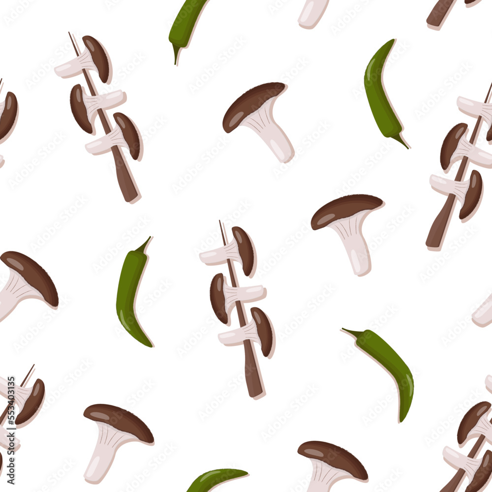 Seamless pattern with mushroom yakitori. Japanese pattern with yakitori, mushrooms and green pepper Seamless pattern with mushroom yakitori. Japanese pattern with yakitori, mushrooms and green pepper