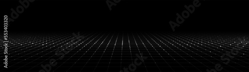 Vector perspective grid on black background. Digital cyberspace. Network connection structure. Abstract mesh background.