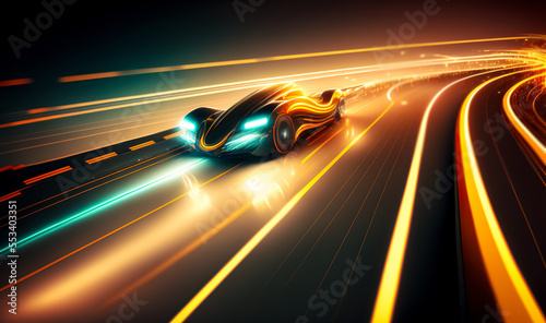 Speeding Sports Car On Neon Highway. Powerful acceleration of a supercar on a night track with colorful lights and trails. Lights of cars with night, long exposure.