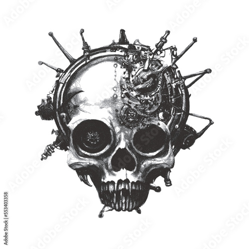 Steampunk skull. Doodle sketch. Vector illustration. Isolated on white background.