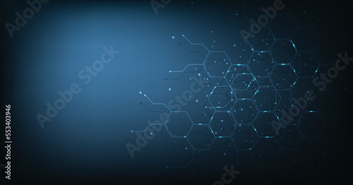 Background of hexagon geometric dark blue pattern bright. healthcare medical and technology background.Graphic digital science concept design.