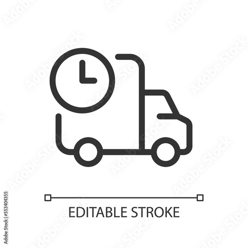 Schedule delivery pixel perfect linear ui icon. Transportation service. Delay shipment. GUI, UX design. Outline isolated user interface element for app and web. Editable stroke. Arial font used