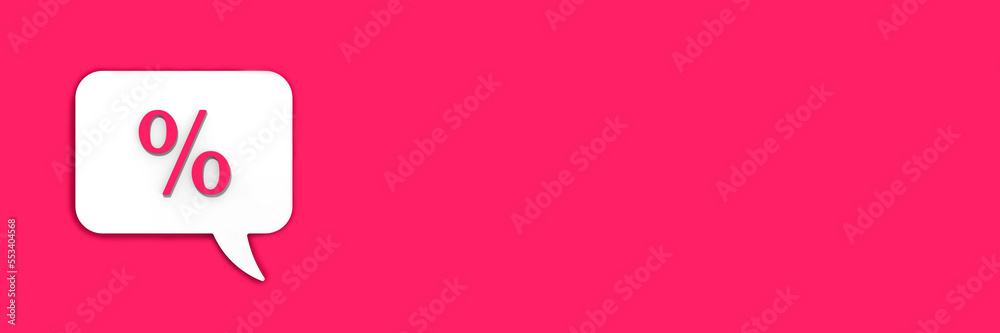 Pink percent sign on white message board. Interest withdrawal signal. Discount notifications. Message on a Pink background. Horizontal image. Banner for insertion into site. 3D image. 3D rendering. Pink percent sign on white message board. Interest withdrawal signal. Discount notifications. Message on a Pink background. Horizontal image. Banner for insertion into site. 3D image. 3D rendering.