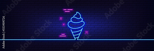 Neon light glow effect. Ice cream line icon. Vanilla sundae cone sign. Frozen summer dessert symbol. 3d line neon glow icon. Brick wall banner. Ice cream outline. Vector