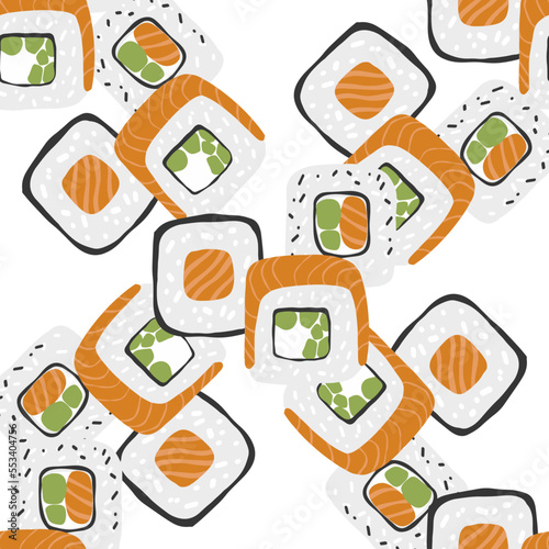 Seamless pattern with variation Sushi roll illustration on white background