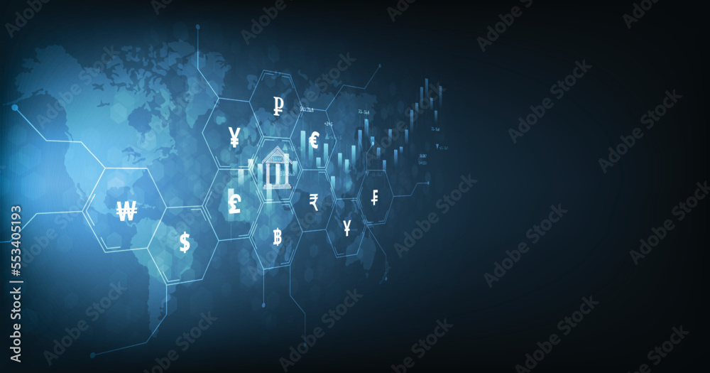 Interbank Currency exchange concept.Money transfer, FinTech financial technology, bank and currency icon isolated on dark blue background. Vector illustration.
