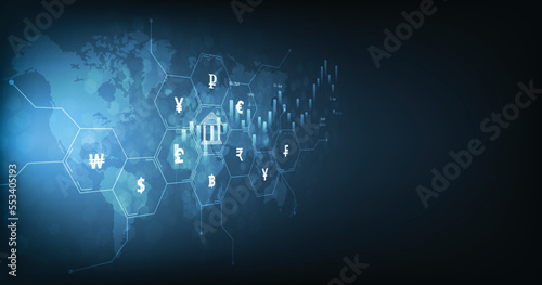 Interbank Currency exchange concept.Money transfer, FinTech financial technology, bank and currency icon isolated on dark blue background. Vector illustration.