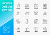 Overconsumption thin line icons set. Plastic pollution, population growth, obesity, global warming, excess garbage, planned obsolescene, CO2 emission, reduce, reuse, recycle. Vector illustration.