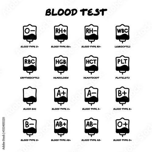 Blood bag with plasma. Doodle thin line icons set. Blood donation. Different blood types. Leukocytes, platelets, hematocrit, erythrocytes. Vector illustration.