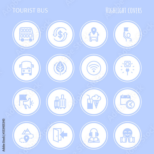 Tourist bus thin line icons set: free wi-fi, schedule, emergency exit, tourist route, departure point, socket, audio guide, luggage, refund. Highlights for stories. Vector illustration.