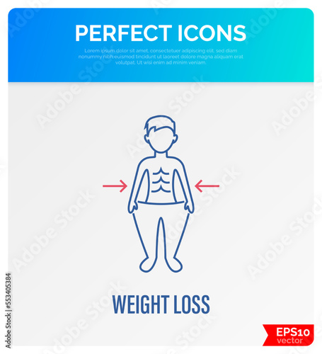 Weight loss after disease thin line icon. Lean man in big trousers. Long covid. Vector illustration.