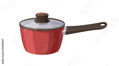 Sauce pan with long handle. Saucepan covered with glass lid. Kitchen ware for...