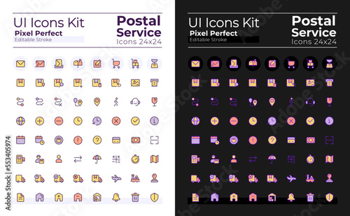 Postal service pixel perfect RGB color ui icons set for dark, light mode. Simple filled line element. GUI, UX design for mobile app. Vector isolated pictogram. Editable stroke. Arial font used