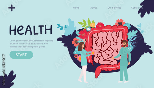Gut organ medical checkup, health intestine and digestive. Doctor examining gastrointestinal tract. Medical gut disease treatment. Vector illustration