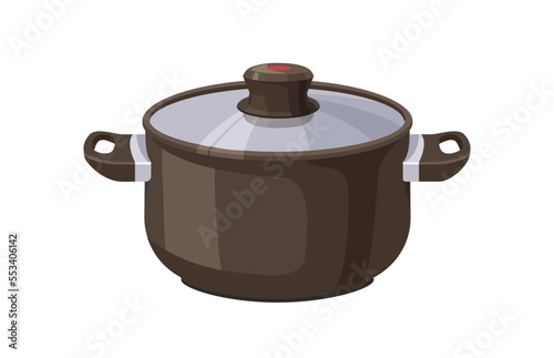 Saucepan covered with lid. Nonstick sauce pan, cook ware. Closed stockpot, kitchen utensil for cooking. Deep non-stick stock pot. Flat vector illustration isolated on white background