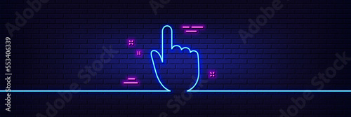 Neon light glow effect. Hand Click line icon. Finger touch sign. Cursor pointer symbol. 3d line neon glow icon. Brick wall banner. Hand click outline. Vector