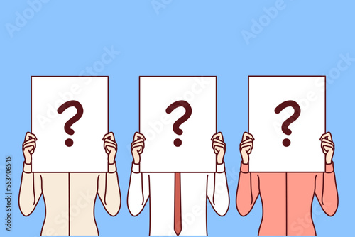 Several people stand side by side and cover faces with paper with question mark for recruitment business concept. Metaphor of searching for candidate for vacant position in company. Flat vector image