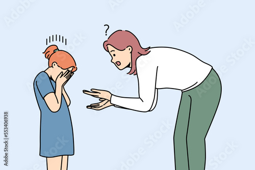 Young mother scolding unhappy crying small daughter. Confused mom talk with upset distressed girl child. Motherhood problem. Vector illustrations. 