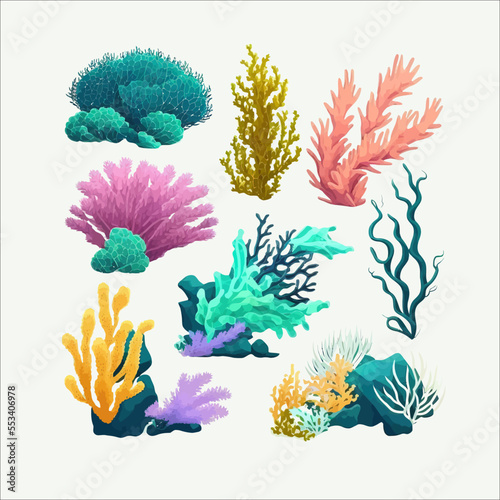 Cartoon ocean plants. Anemones, corals and seaweed, marine kelp, Isolated on a white background. Vector illustration