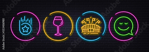 Bordeaux glass, Loyalty star and Sports arena minimal line icons. Neon laser 3d lights. Smile icons. For web, application, printing. Wine glass, Bonus reward, Event stadium. Chat emotion. Vector
