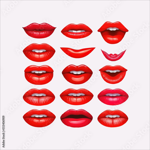 Cartoon lips. Glossy red seductive lipstick for ladies. Kissing. Isolated on a white background. Vector illustration
