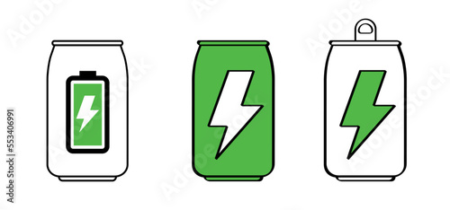 Drawing cartoon energy drink cans. power drink can. Energetic drink in a draw can. Sport, fitness balance concept. Empty or full bottle. Green battery icon or symbol