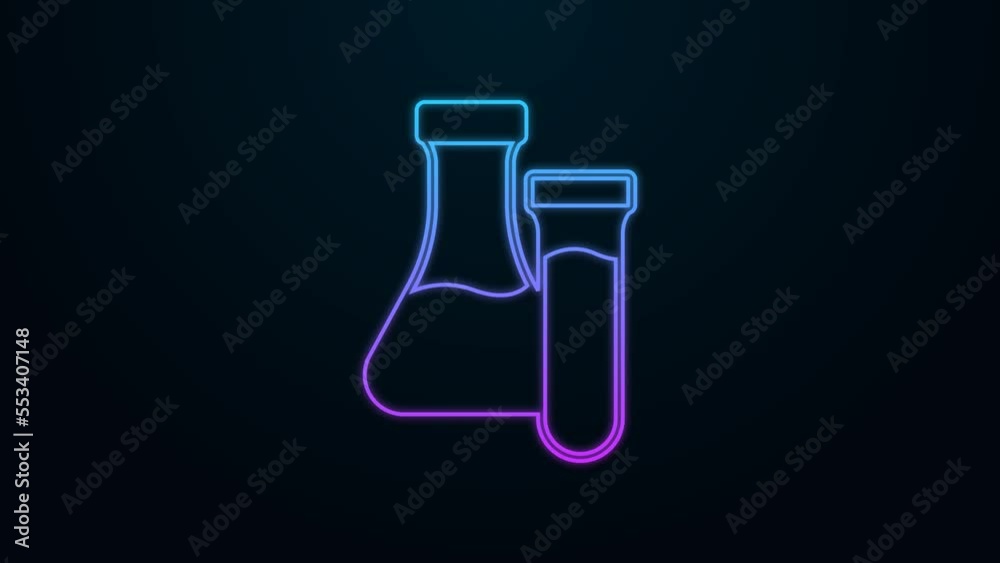 Glowing neon line Test tube and flask chemical laboratory test icon isolated on black background. Laboratory glassware sign. 4K Video motion graphic animation